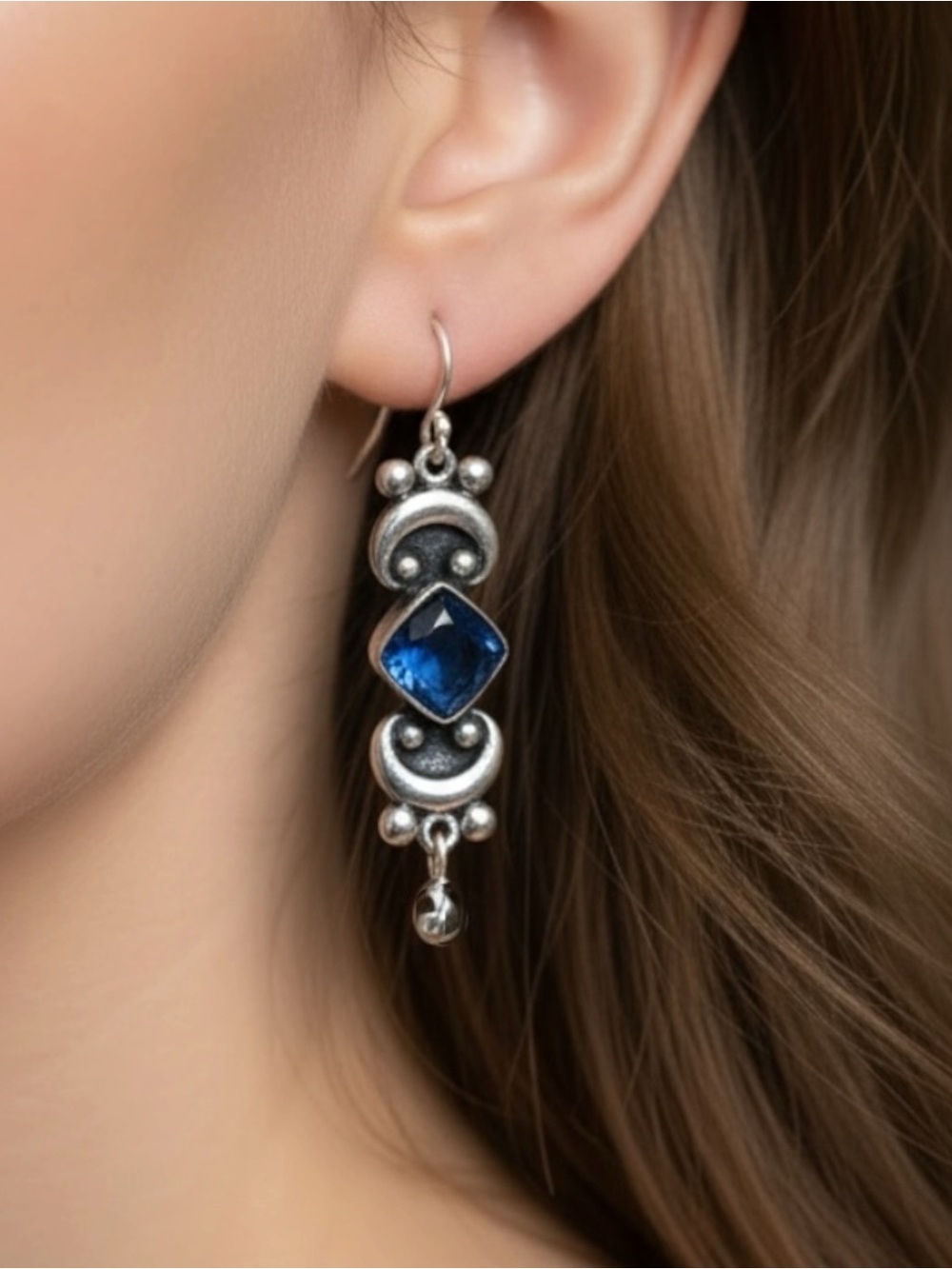 Vintage 70s Mexican Sterling Silver Cobalt Blue Glass Dangle Earrings 925
